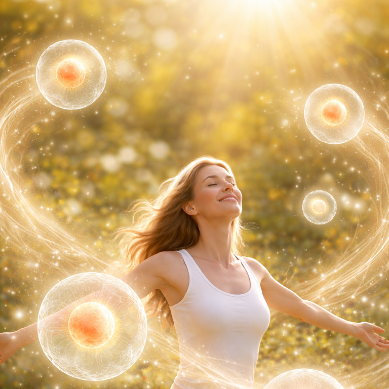 Testgestützte Gesundheitsbegleitung mit Stephanie Voiogt Frau mit offenen Armen, umgeben von leuchtenden, schwebenden Energiebällen im Sonnenlicht.