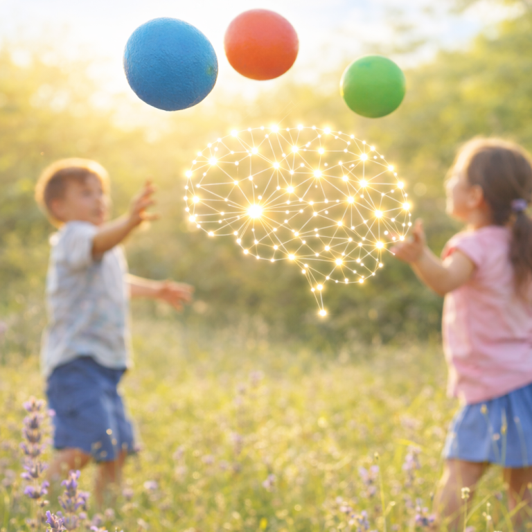Bewegung & Lernen nach dem body'n brain Konzept mit Stephanie Voigt Zwei Kinder spielen im Freien mit bunten Bällen in einer blühenden Wiese.